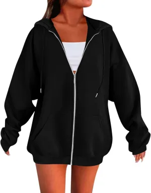 Womens Casual Full Zip Up Hoodies Oversized Long Sleeve Solid Sweatshirts Fall Trendy Comfy Loose Jacket with Pockets