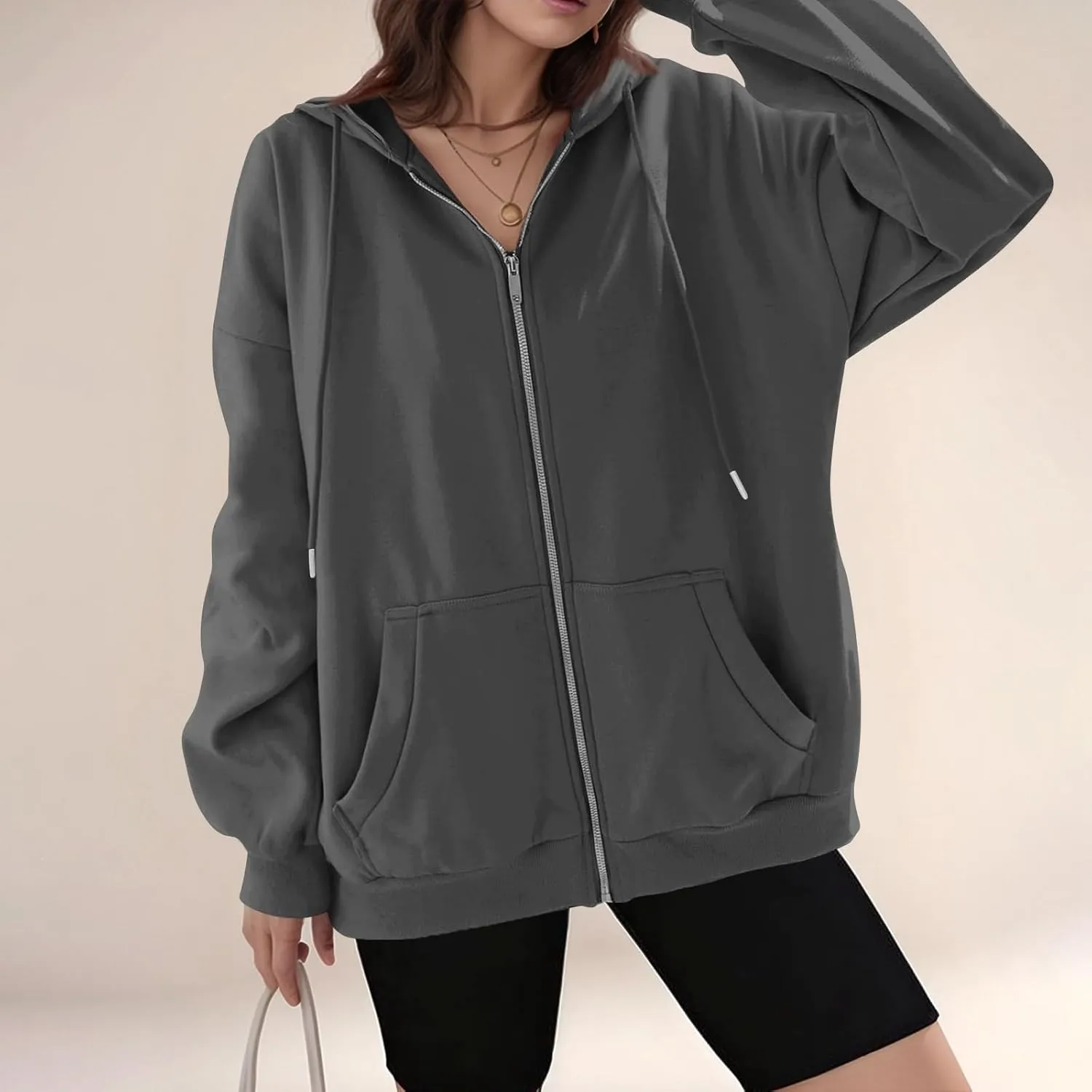 Womens Casual Full Zip Up Hoodies Oversized Long Sleeve Solid Sweatshirts Fall Trendy Comfy Loose Jacket with Pockets