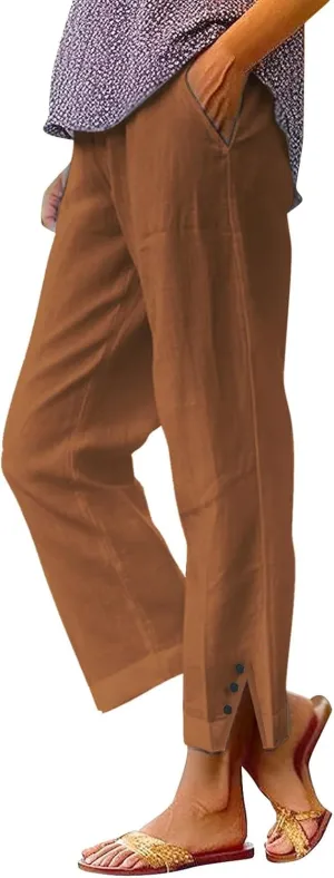 Womens Casual Linen High Waist Pants Plain Drawstring Loose Fit Summer Pants Trousers with Side Pockets