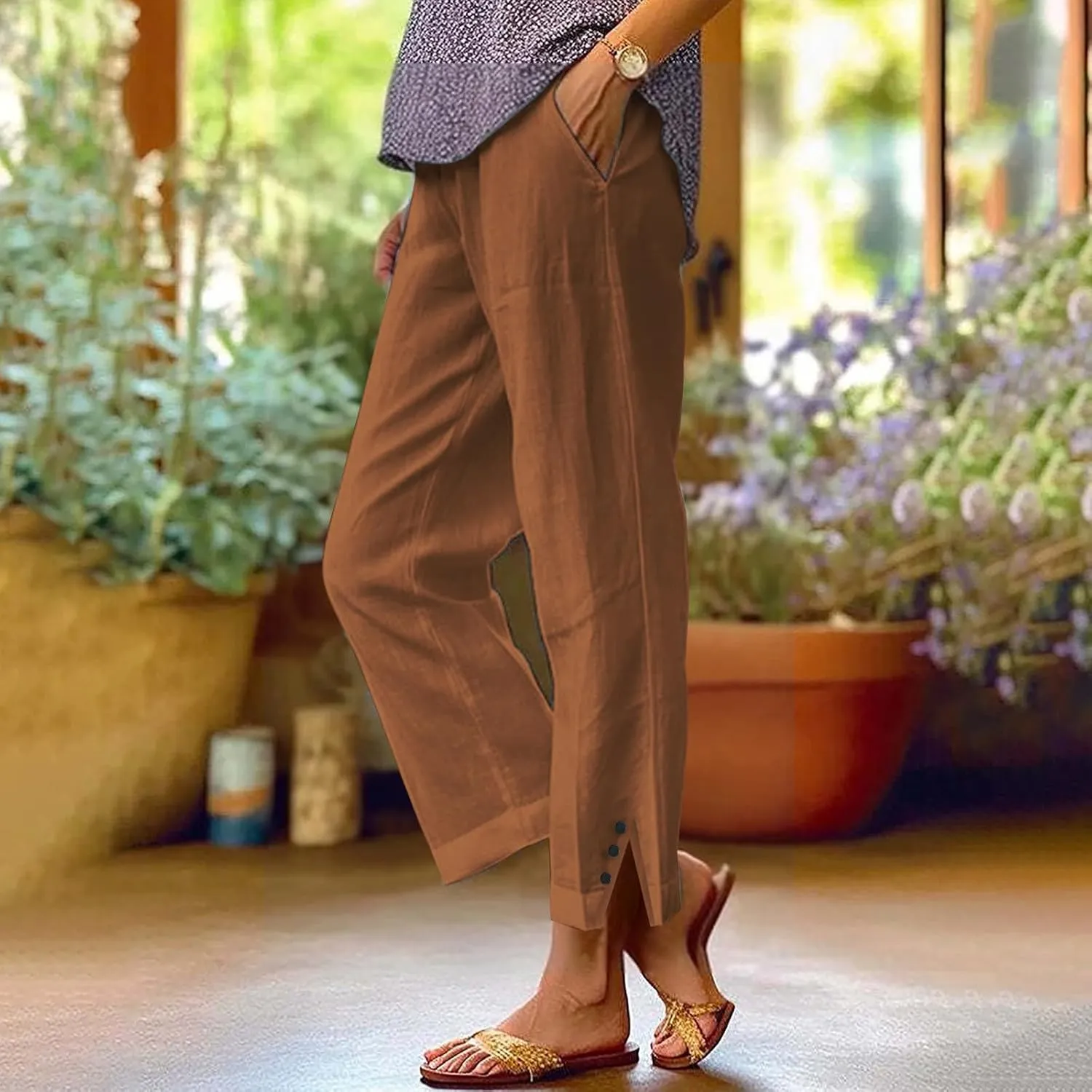 Womens Casual Linen High Waist Pants Plain Drawstring Loose Fit Summer Pants Trousers with Side Pockets