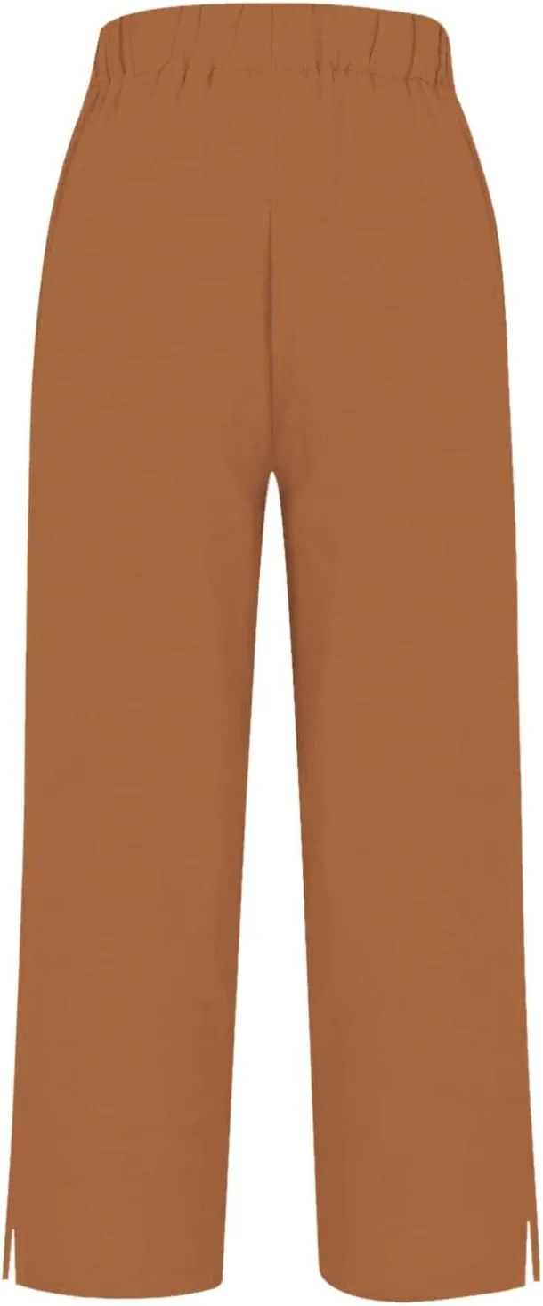 Womens Casual Linen High Waist Pants Plain Drawstring Loose Fit Summer Pants Trousers with Side Pockets