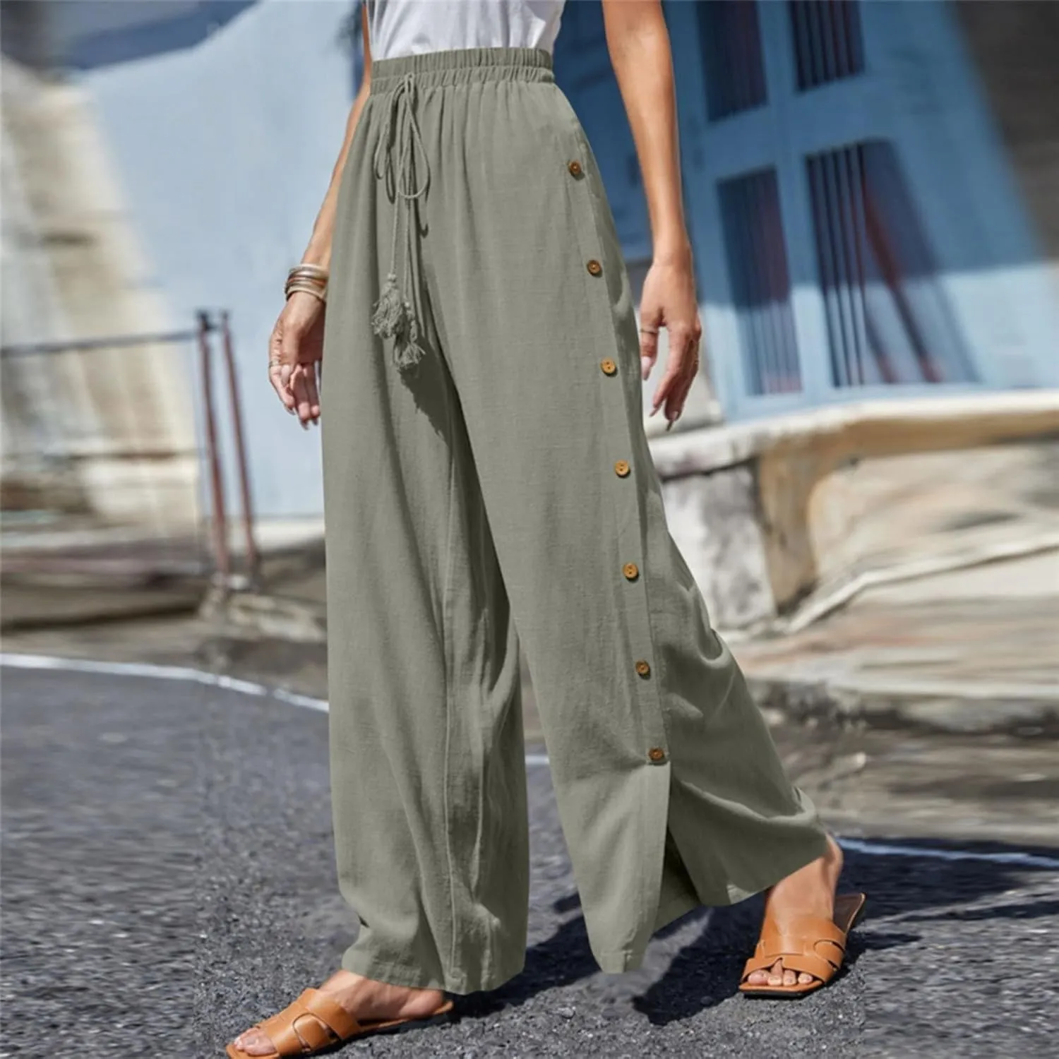 Women's Casual Solid Side Split Palazzo Pants Loose Elastic High Waist Tie Drawstring Wide Leg Flowy Lounge Bottoms Trousers