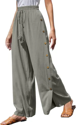 Women's Casual Solid Side Split Palazzo Pants Loose Elastic High Waist Tie Drawstring Wide Leg Flowy Lounge Bottoms Trousers
