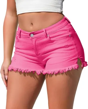 Womens Classic Mid-High Waisted Denims Shorts Mini Ripped Straight Leg Jeans Shorts Stretchy Summer Hot Short Pants