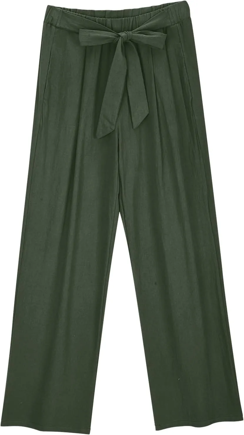 Womens Cotton Linen Pants Soft Lightweight Palazzo Pant High Waist Wide Leg Summer Trousers with Drawstring