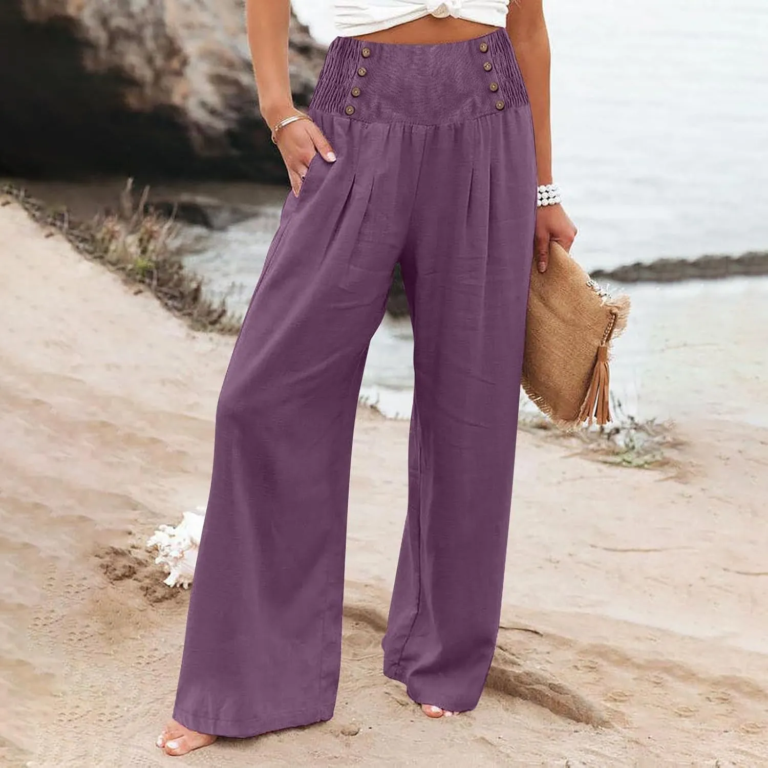Womens Cotton Linen Summer Flowy Pants High Waist Wide Leg Slim Fit Palazzo Pants Travel