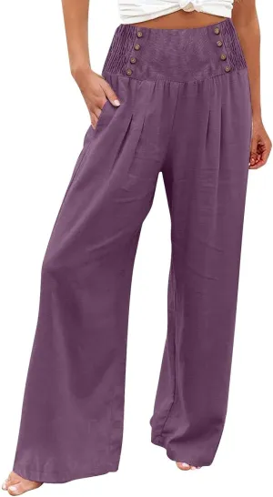 Womens Cotton Linen Summer Flowy Pants High Waist Wide Leg Slim Fit Palazzo Pants Travel