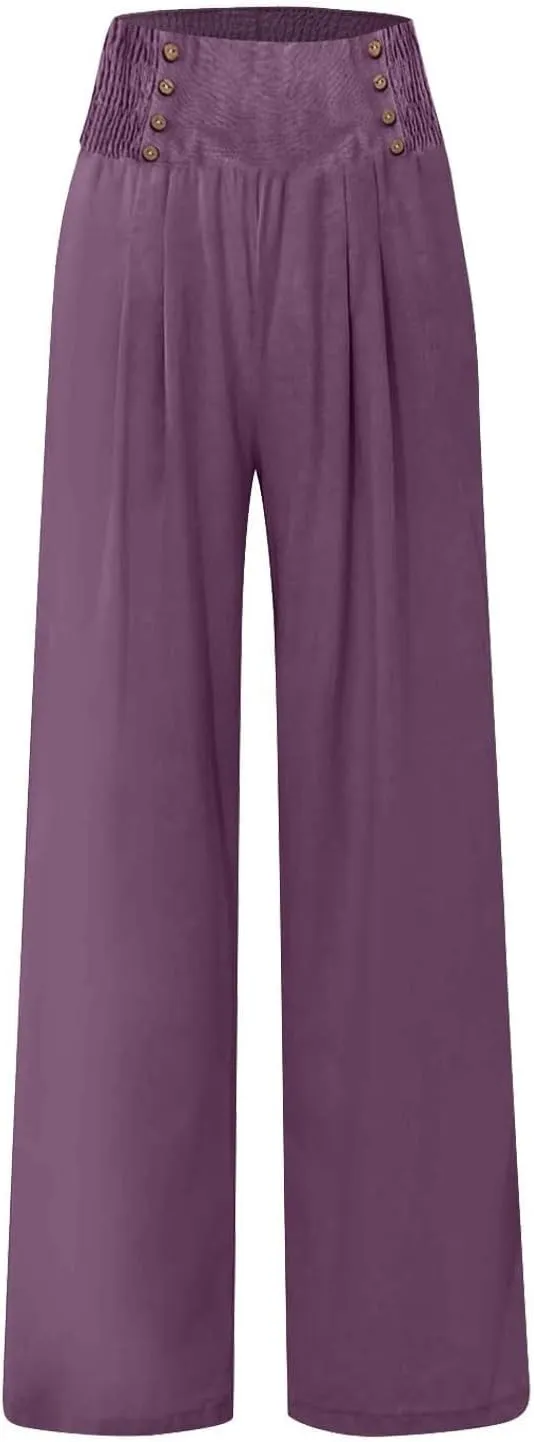 Womens Cotton Linen Summer Flowy Pants High Waist Wide Leg Slim Fit Palazzo Pants Travel