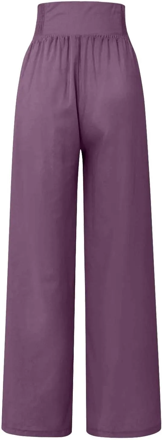 Womens Cotton Linen Summer Flowy Pants High Waist Wide Leg Slim Fit Palazzo Pants Travel