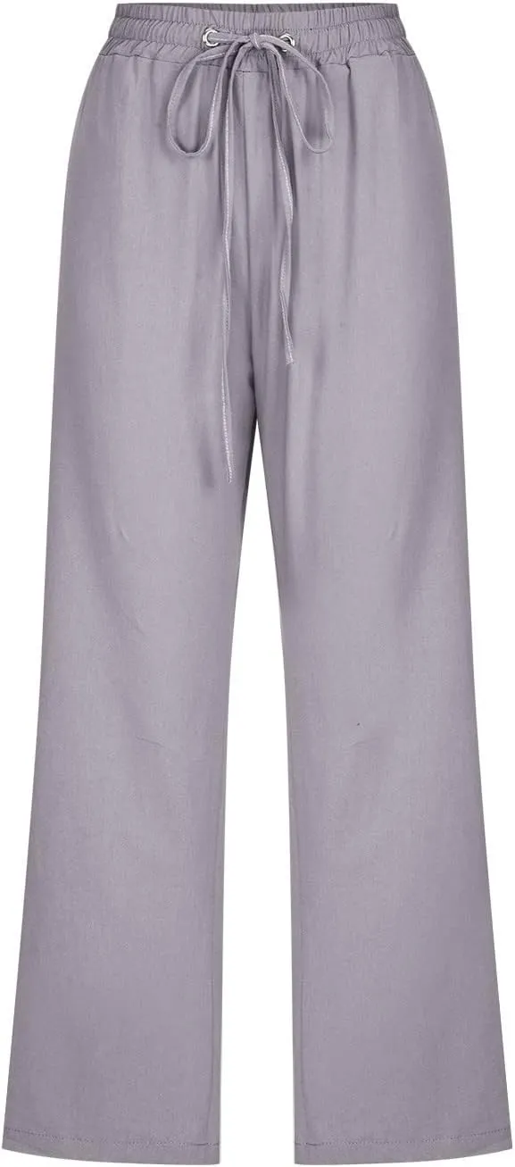 Womens Cotton Linen Summer Letter Patched Palazzo Pants Elastic Waisted Stretchy Straight Slim-Fit Pants Vacation