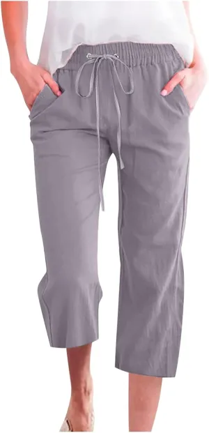 Womens Cotton Linen Summer Letter Patched Palazzo Pants Elastic Waisted Stretchy Straight Slim-Fit Pants Vacation
