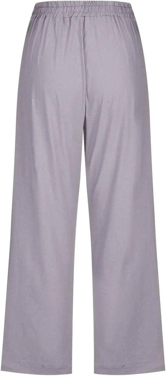 Womens Cotton Linen Summer Letter Patched Palazzo Pants Elastic Waisted Stretchy Straight Slim-Fit Pants Vacation