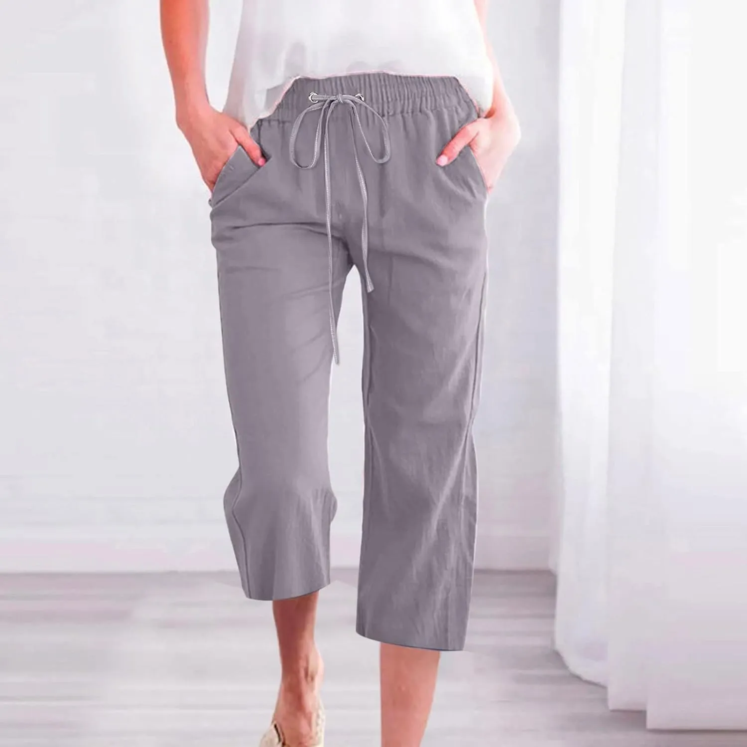 Womens Cotton Linen Summer Letter Patched Palazzo Pants Elastic Waisted Stretchy Straight Slim-Fit Pants Vacation