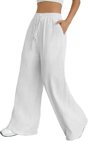 Women's Cotton Linen Summer Lightweigt Palazzo Lounge Pants Low Waist Ankle Length Slim-Fit Palazzo Lounge