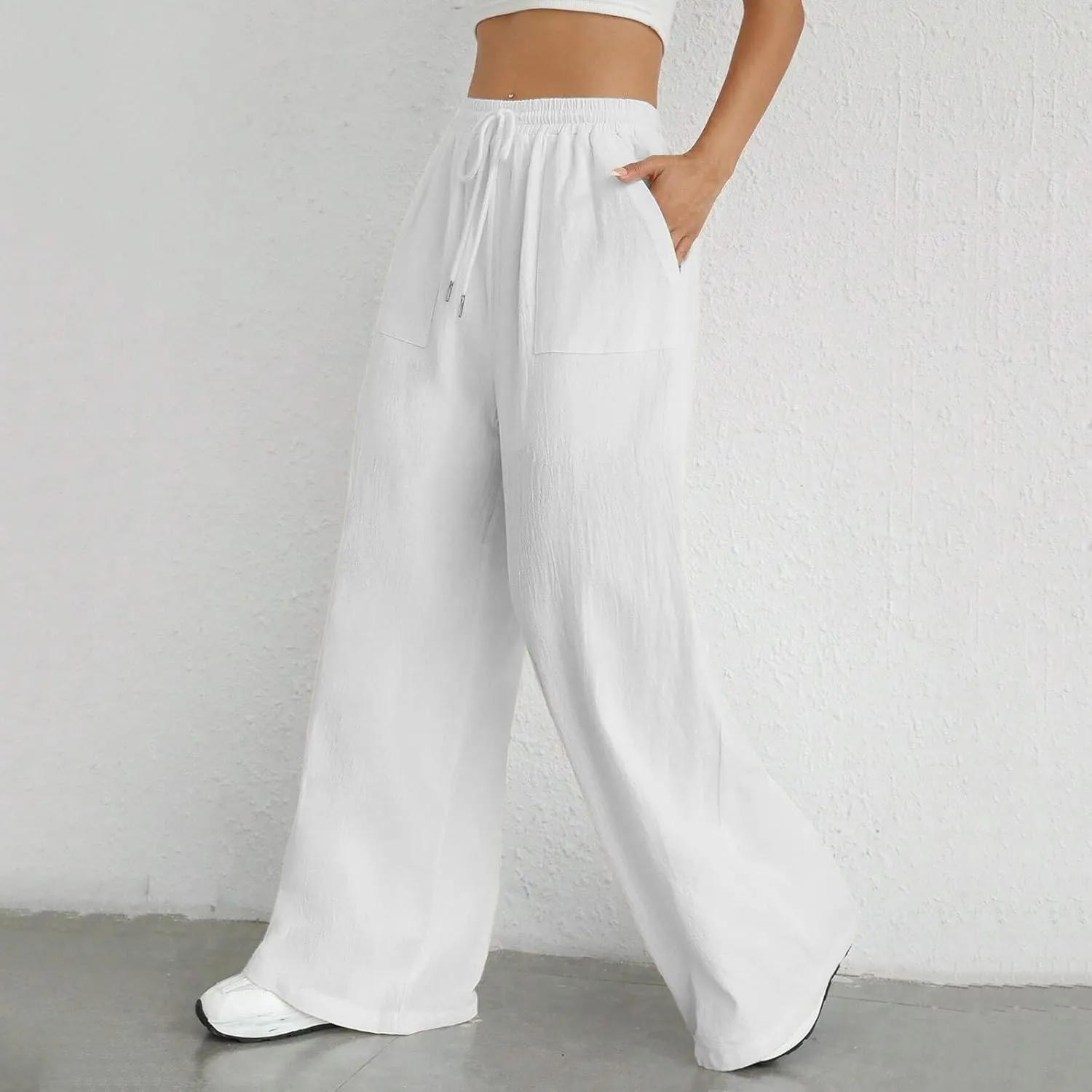 Women's Cotton Linen Summer Lightweigt Palazzo Lounge Pants Low Waist Ankle Length Slim-Fit Palazzo Lounge
