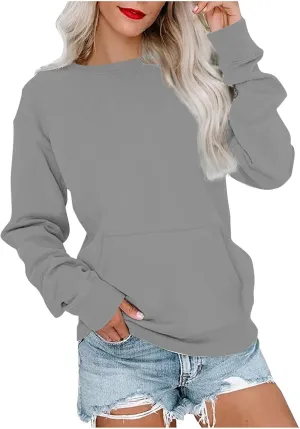 Womens Crewneck Sweatshirt with Pockets Long Sleeve Tunic Tops Oversized Pullover Sweater Cute Hoodies for Teen Girls