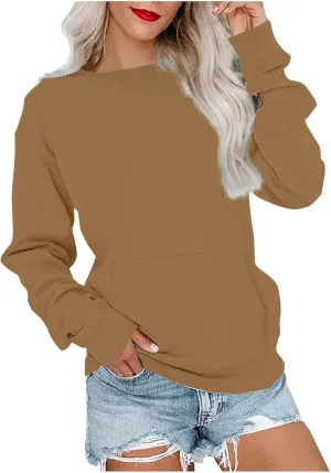 Womens Crewneck Sweatshirt with Pockets Long Sleeve Tunic Tops Oversized Pullover Sweater Cute Hoodies for Teen Girls