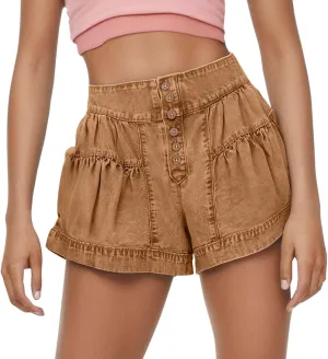 Women's Denim Shorts Summer Baggy High Waisted Flowy Wide Leg Buttons Pleated Jean Shorts Summer 2025 Casual Skorts