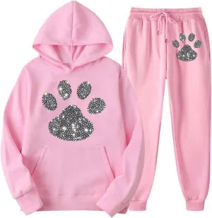 Women's Dog Paw Love Heart Rhinestone Graphic Oversized Sweatsuits Long Sleeve Hoodies Jogger Pants 2 Piece Outfits