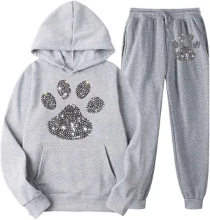 Women's Dog Paw Love Heart Rhinestone Graphic Oversized Sweatsuits Long Sleeve Hoodies Jogger Pants 2 Piece Outfits