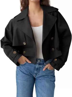 Women's Double Breasted Cropped Trench Coat Autumn Long Sleeve Buttoned Lapel Work Jacket Office Business Shackets