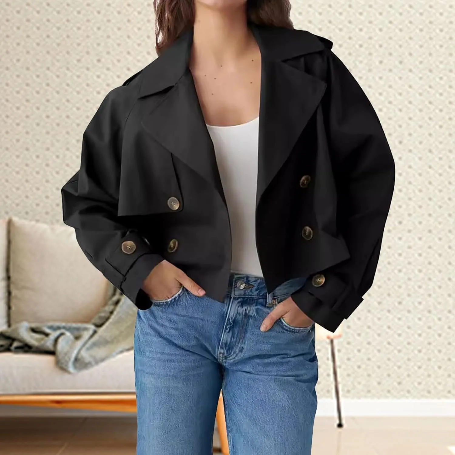 Women's Double Breasted Cropped Trench Coat Autumn Long Sleeve Buttoned Lapel Work Jacket Office Business Shackets