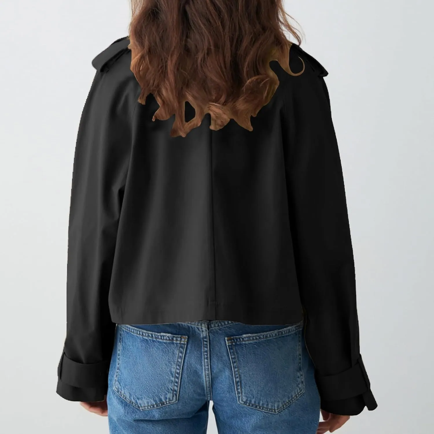 Women's Double Breasted Cropped Trench Coat Autumn Long Sleeve Buttoned Lapel Work Jacket Office Business Shackets
