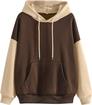 Women's Drawstring Color Block Sweatshirt Casual Comfortable Hooded Sweatshirt Autumn and Winter Warm Sweatshirt