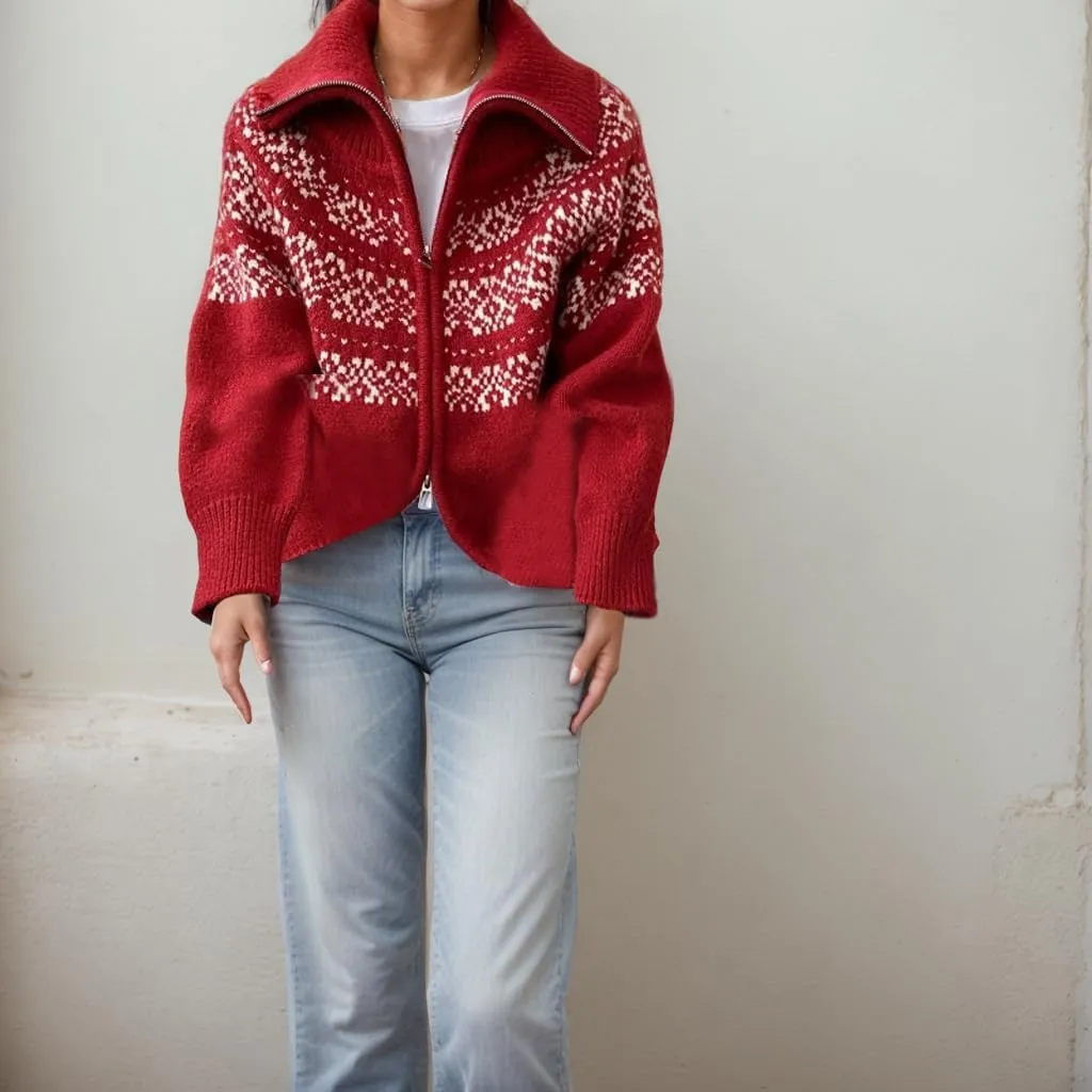 Women's Fair Isle Knit Sweater Jacquard Graphic Zip Up Coats Vintage Casual Polka Dots High Neck Holiday Cardigan
