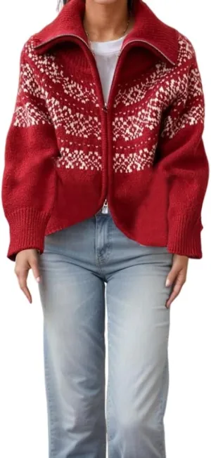 Women's Fair Isle Knit Sweater Jacquard Graphic Zip Up Coats Vintage Casual Polka Dots High Neck Holiday Cardigan