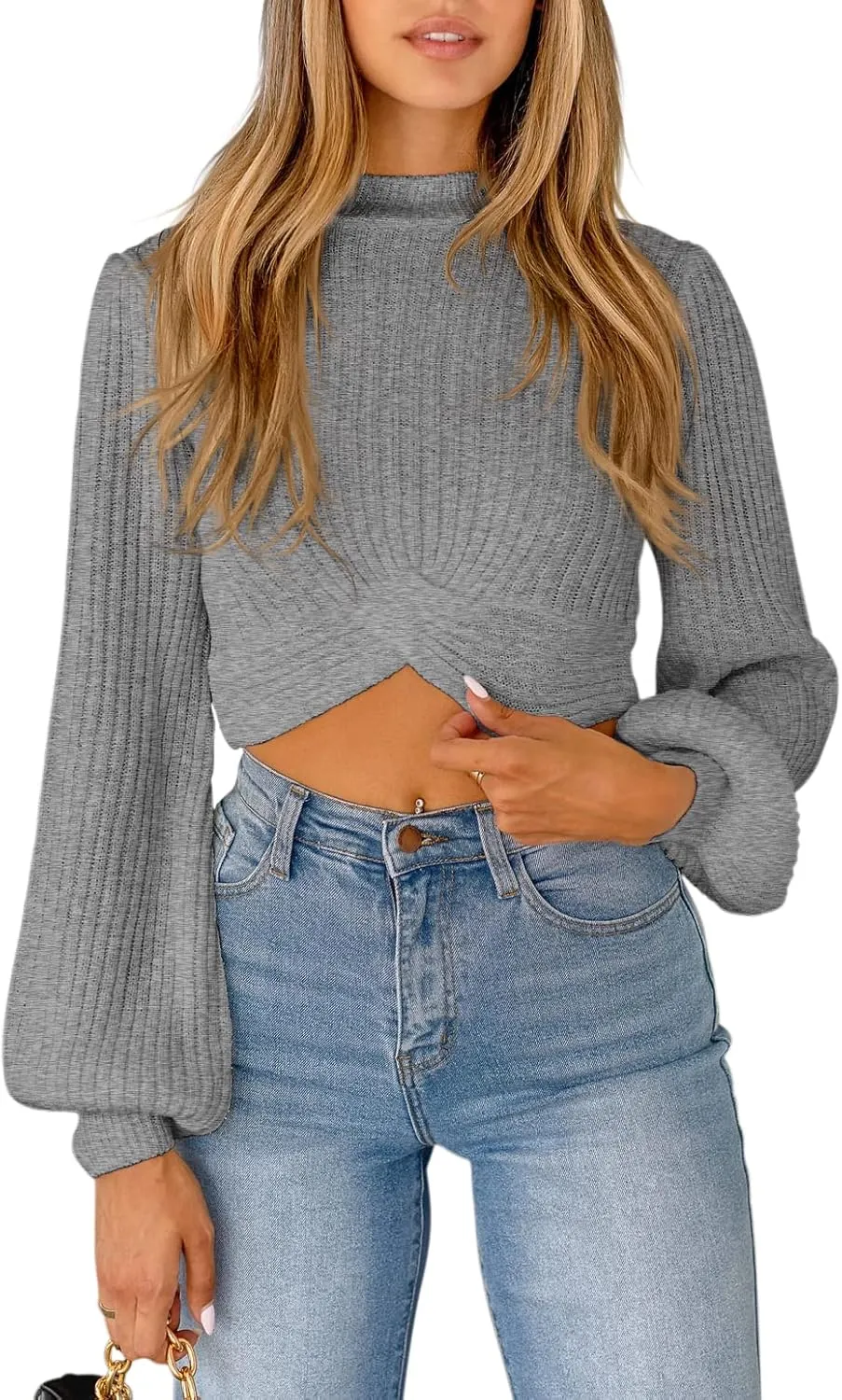 Womens Fall Winter Cropped Sweater Causal Mock Neck Ribbed Knit Pullover Jumper Tops