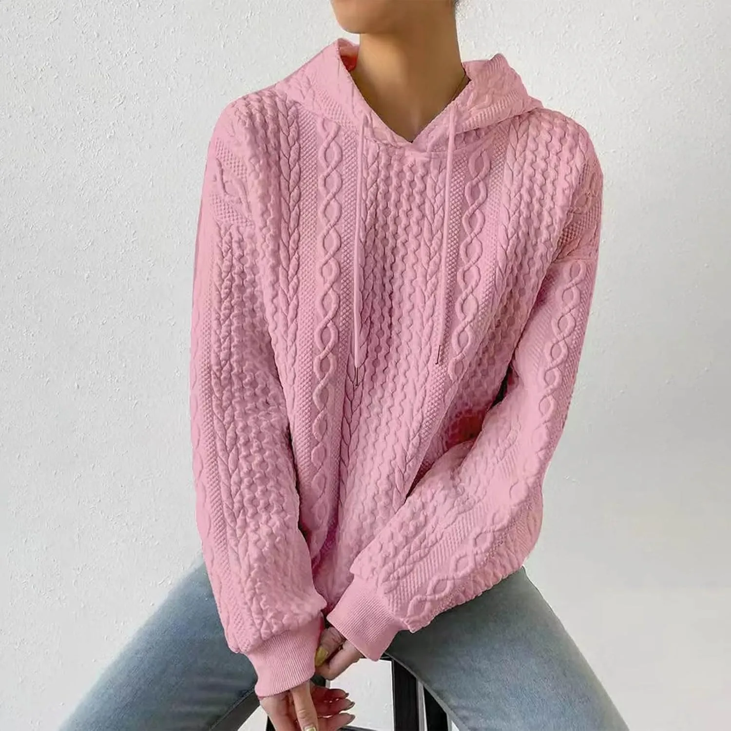 Womens Fashion Fall Sweatshirt Oversized Hoodie Casual Long Sleeve Pullover Knit Hooded Sweatshirts with Pocket S-3XL