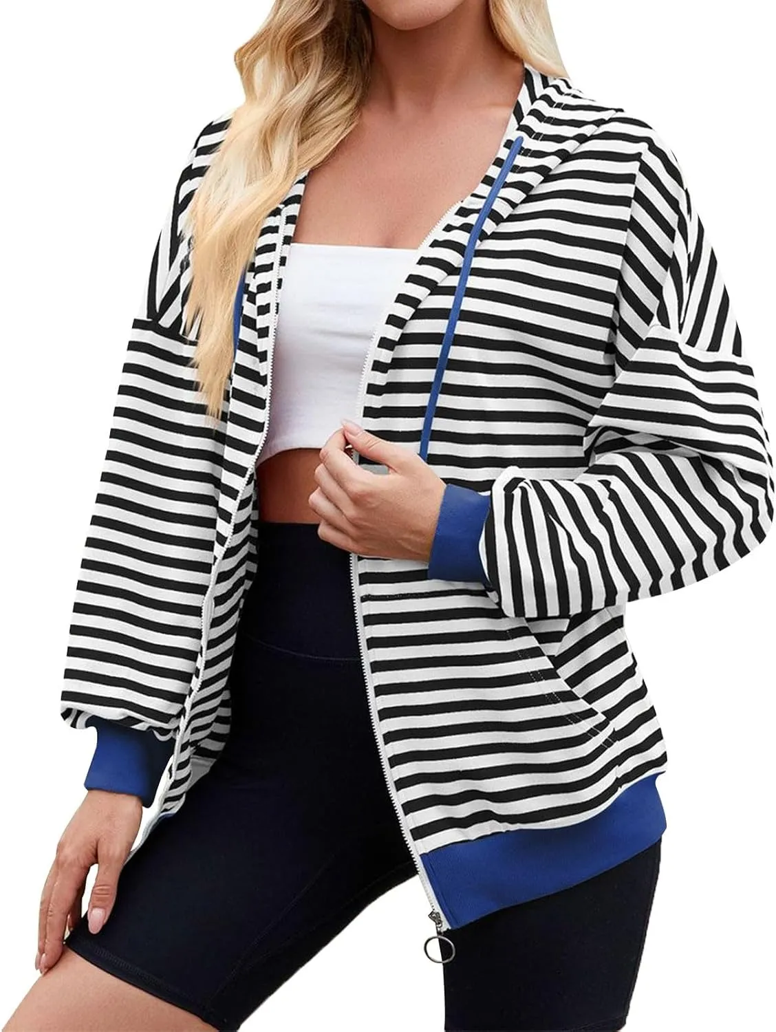 Womens Full-Zip Hoodie Sweatshirts Long Sleeve Striped Shirts Pullover Color Block Drawstring Fall Winter Tops Outfit