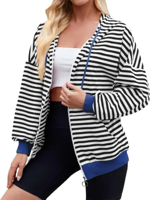Womens Full-Zip Hoodie Sweatshirts Long Sleeve Striped Shirts Pullover Color Block Drawstring Fall Winter Tops Outfit