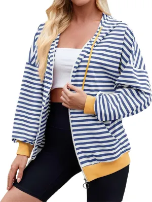 Womens Full-Zip Hoodie Sweatshirts Long Sleeve Striped Shirts Pullover Color Block Drawstring Fall Winter Tops Outfit