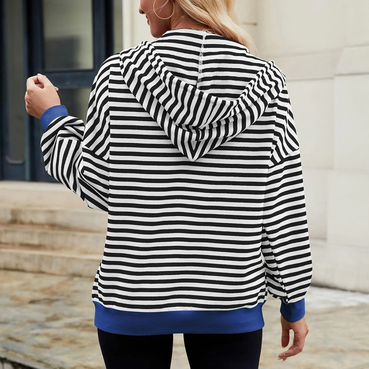 Womens Full-Zip Hoodie Sweatshirts Long Sleeve Striped Shirts Pullover Color Block Drawstring Fall Winter Tops Outfit