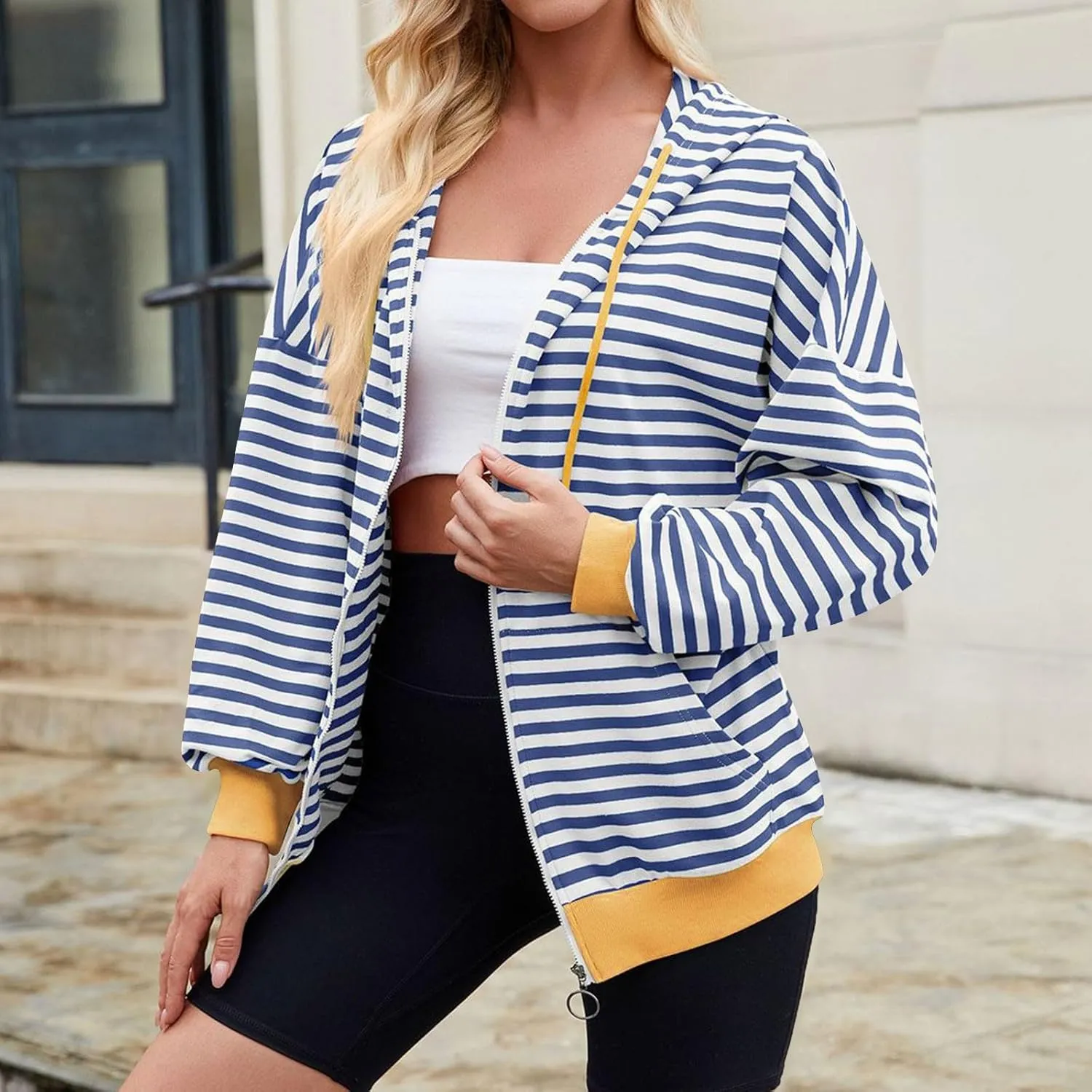 Womens Full-Zip Hoodie Sweatshirts Long Sleeve Striped Shirts Pullover Color Block Drawstring Fall Winter Tops Outfit