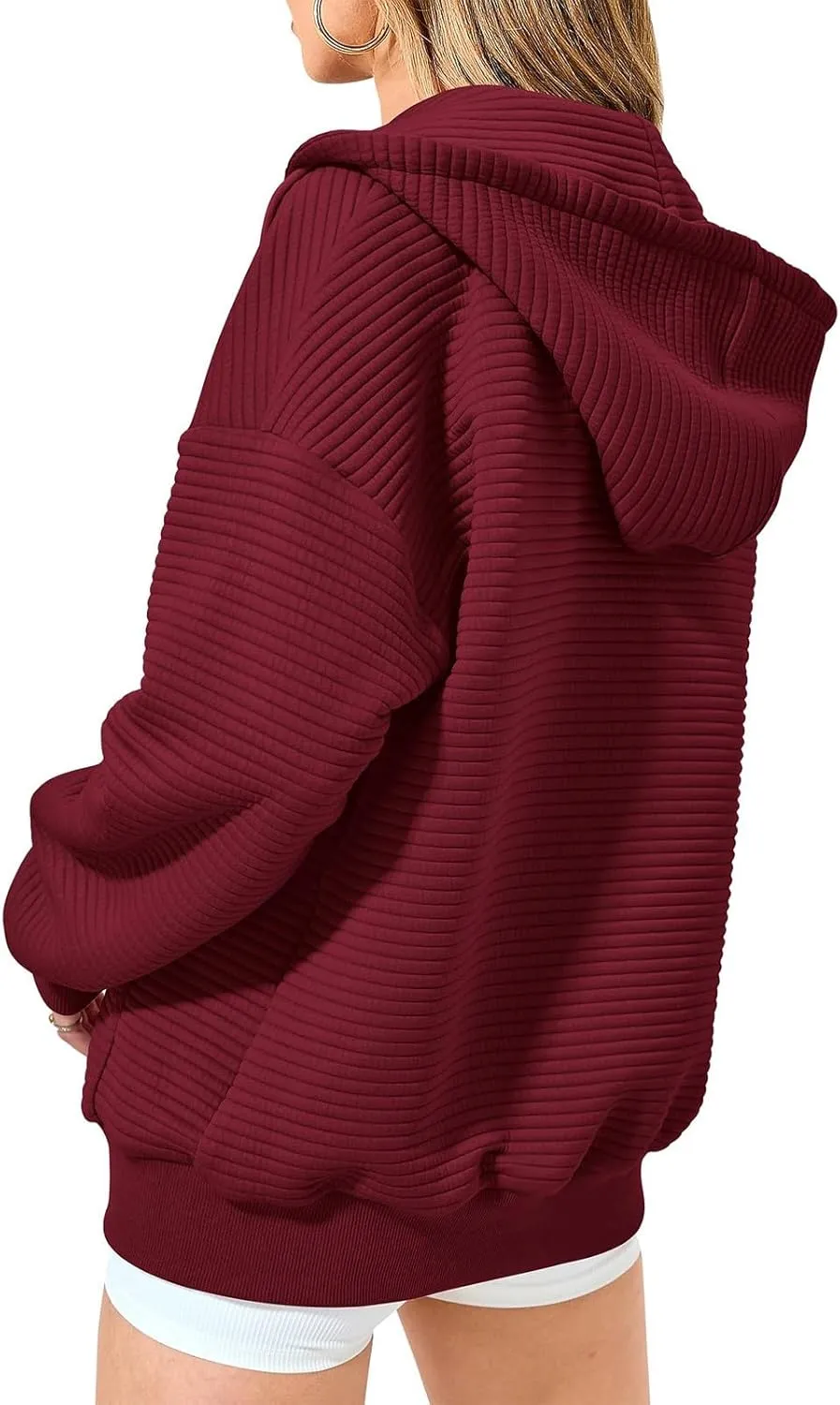 Womens Full Zip Up Hoodie Loose Fit Hooded Oversized Sweatshirt Casual Fall Long Sleeve Quilted Jackets with Pockets