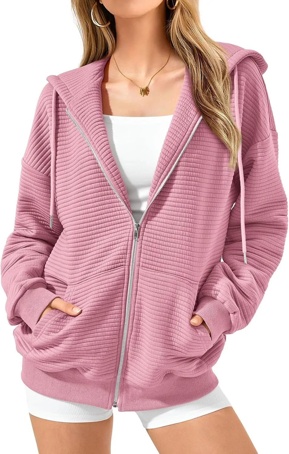 Womens Full Zip Up Hoodie Loose Fit Hooded Oversized Sweatshirt Casual Fall Long Sleeve Quilted Jackets with Pockets