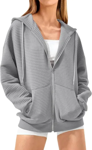 Womens Full Zip Up Hoodie Loose Fit Hooded Oversized Sweatshirt Casual Fall Long Sleeve Quilted Jackets with Pockets