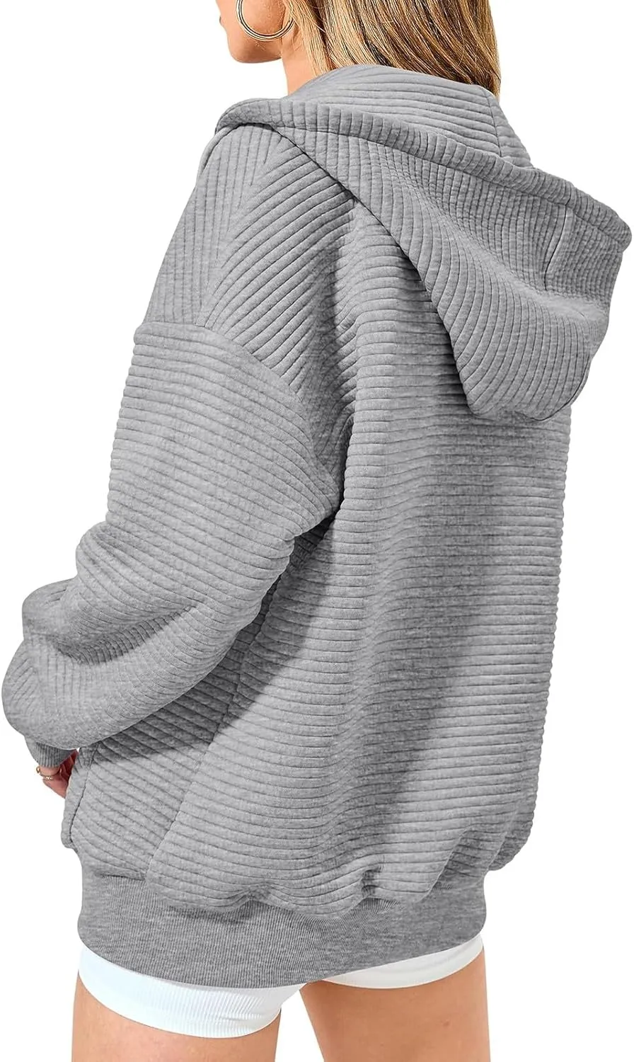 Womens Full Zip Up Hoodie Loose Fit Hooded Oversized Sweatshirt Casual Fall Long Sleeve Quilted Jackets with Pockets