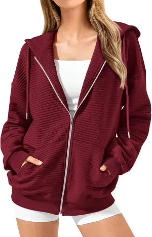 Womens Full Zip Up Hoodie Loose Fit Hooded Oversized Sweatshirt Casual Fall Long Sleeve Quilted Jackets with Pockets