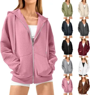Womens Full Zip Up Hoodie Loose Fit Hooded Oversized Sweatshirt Casual Fall Long Sleeve Quilted Jackets with Pockets