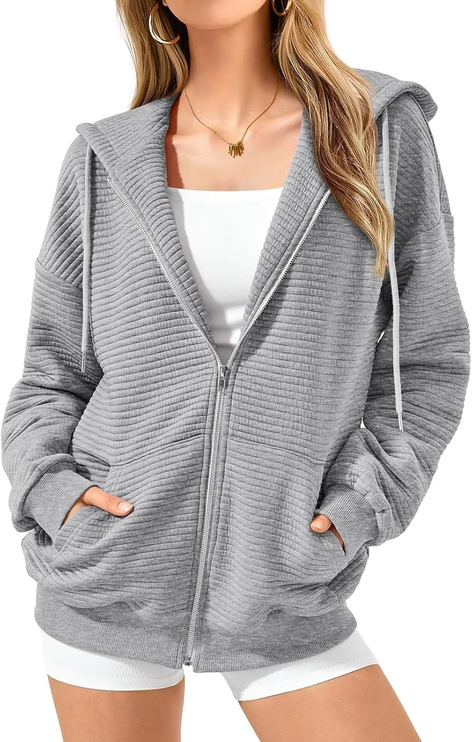 Womens Full Zip Up Hoodie Loose Fit Hooded Oversized Sweatshirt Casual Fall Long Sleeve Quilted Jackets with Pockets