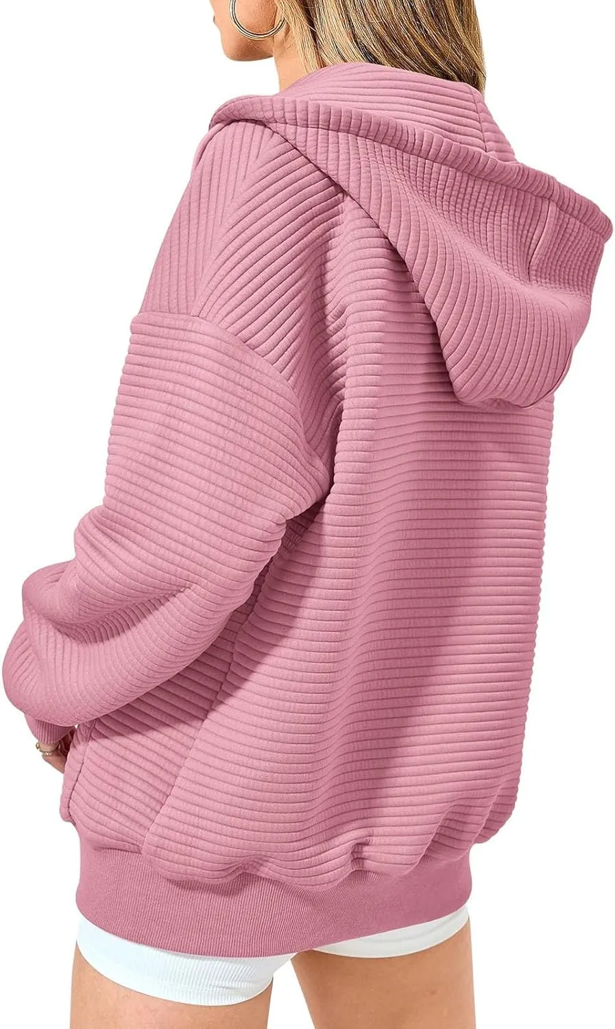 Womens Full Zip Up Hoodie Loose Fit Hooded Oversized Sweatshirt Casual Fall Long Sleeve Quilted Jackets with Pockets