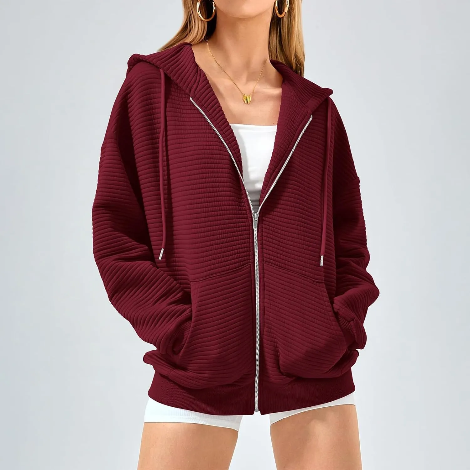 Womens Full Zip Up Hoodie Loose Fit Hooded Oversized Sweatshirt Casual Fall Long Sleeve Quilted Jackets with Pockets