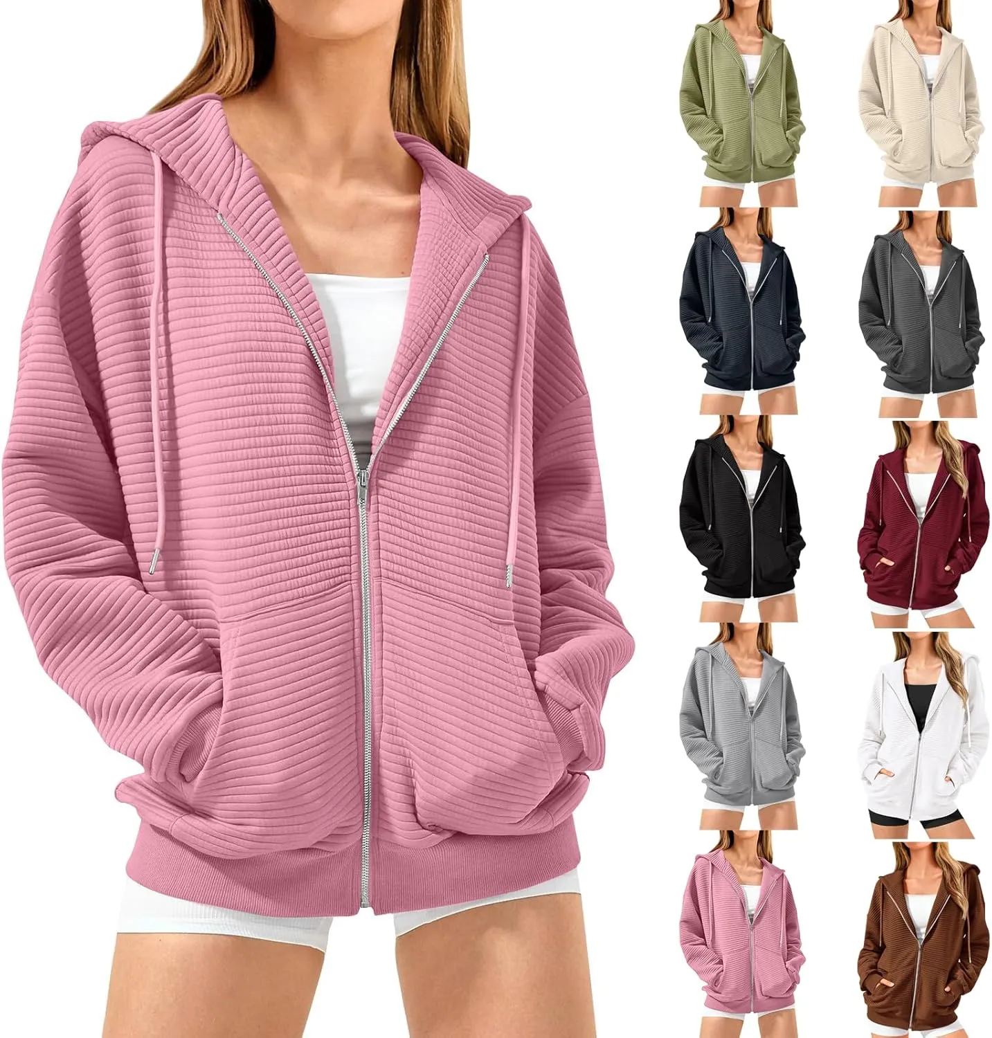 Womens Full Zip Up Hoodie Loose Fit Hooded Oversized Sweatshirt Casual Fall Long Sleeve Quilted Jackets with Pockets