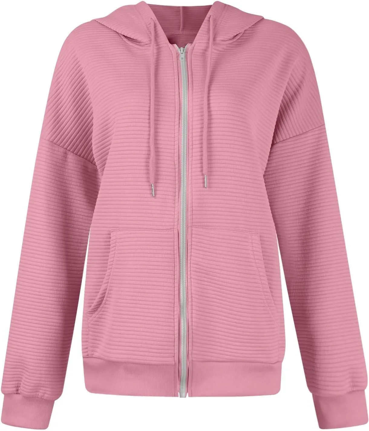 Womens Full Zip Up Hoodie Loose Fit Hooded Oversized Sweatshirt Casual Fall Long Sleeve Quilted Jackets with Pockets