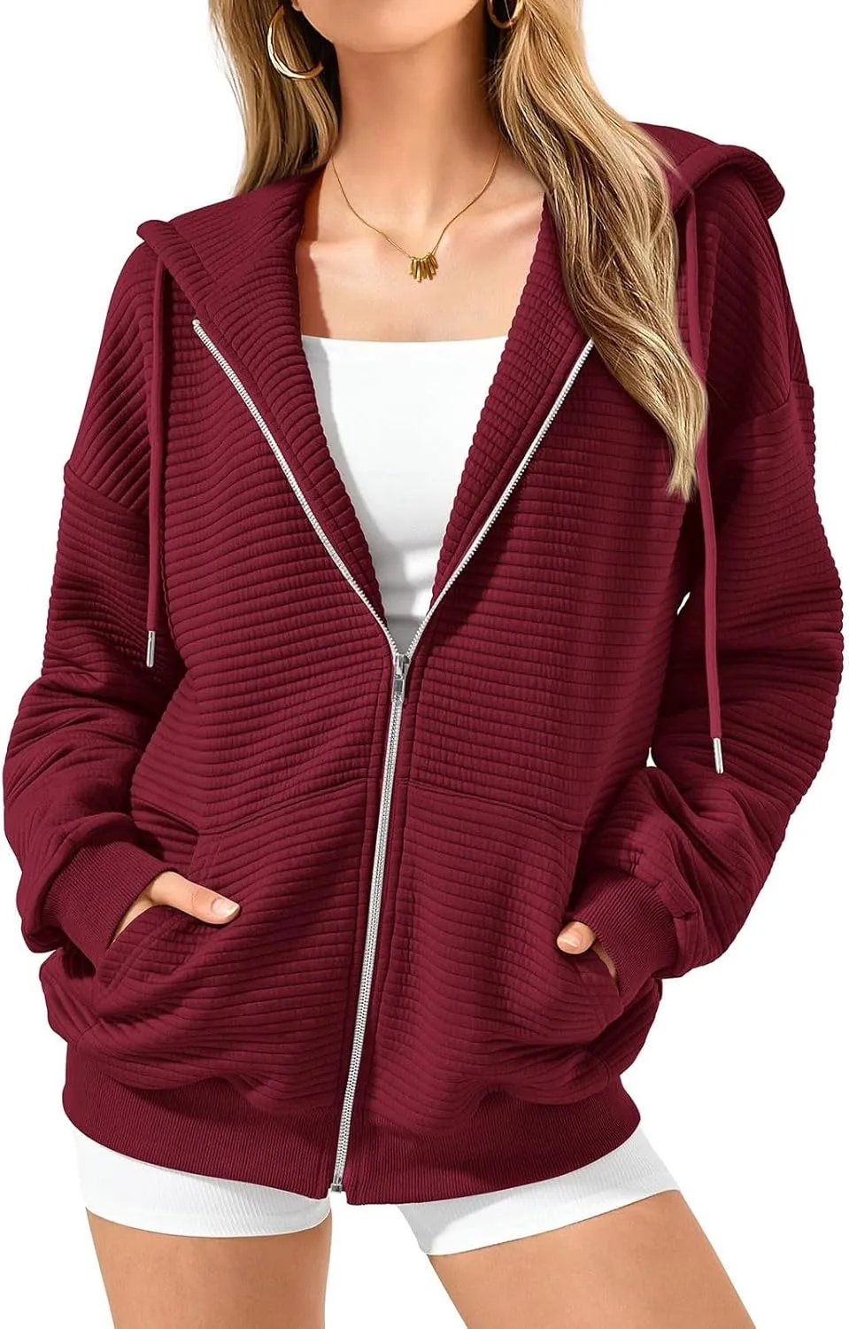 Womens Full Zip Up Hoodie Loose Fit Hooded Oversized Sweatshirt Casual Fall Long Sleeve Quilted Jackets with Pockets