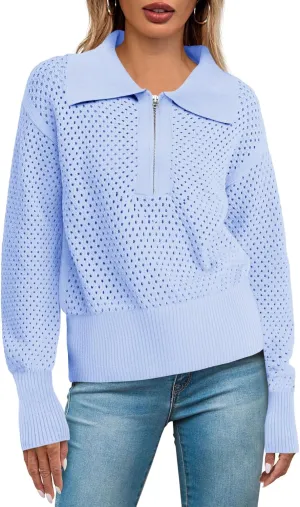 Women's Half Zip Pullover Sweaters Crochet Lapel Collar Long Sleeve Knit Solid Color Jumper Tops